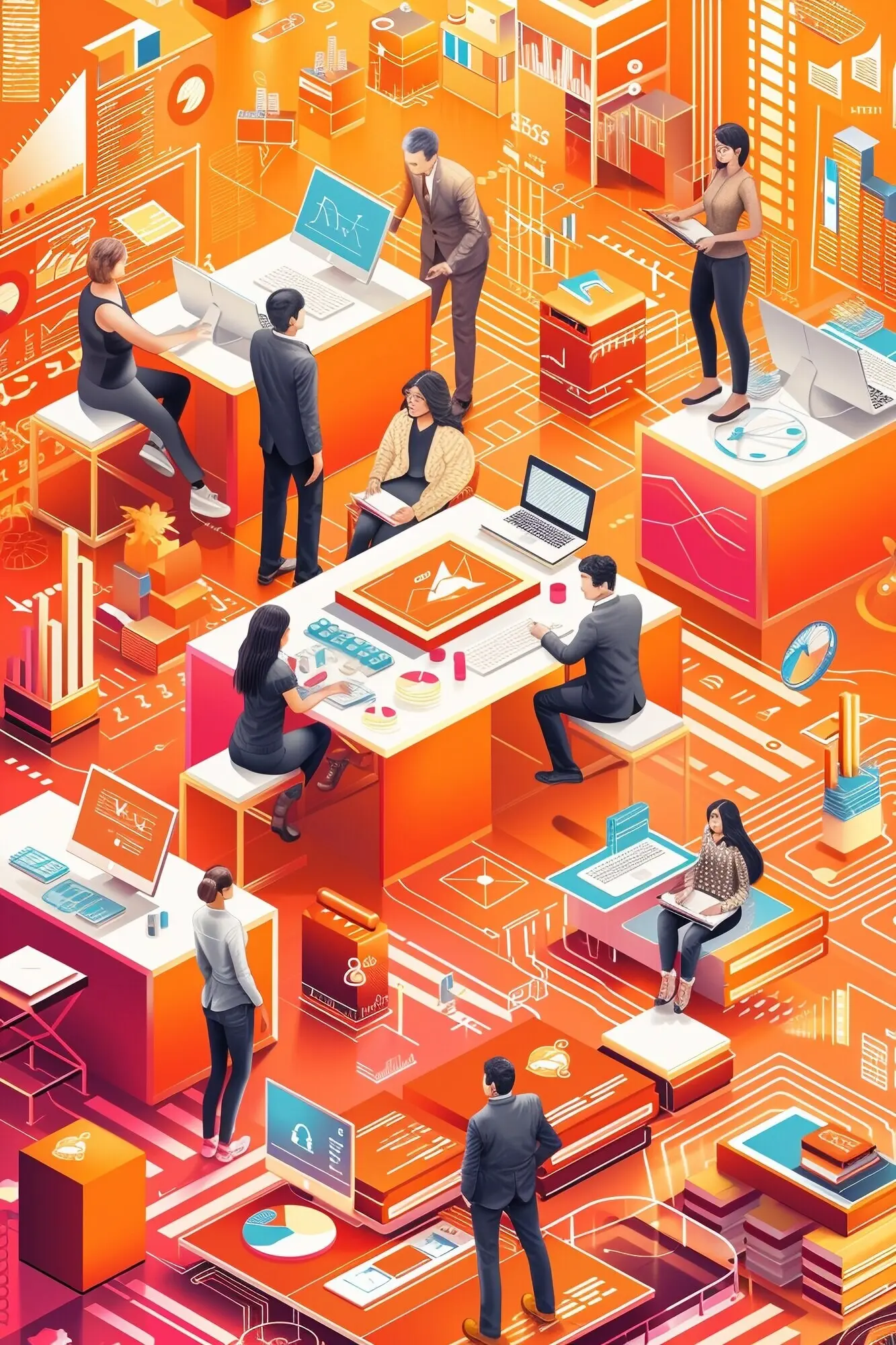 Трехмерная мультяшная сцена, изображающая разных людей, одновременно выполняющих несколько задач.