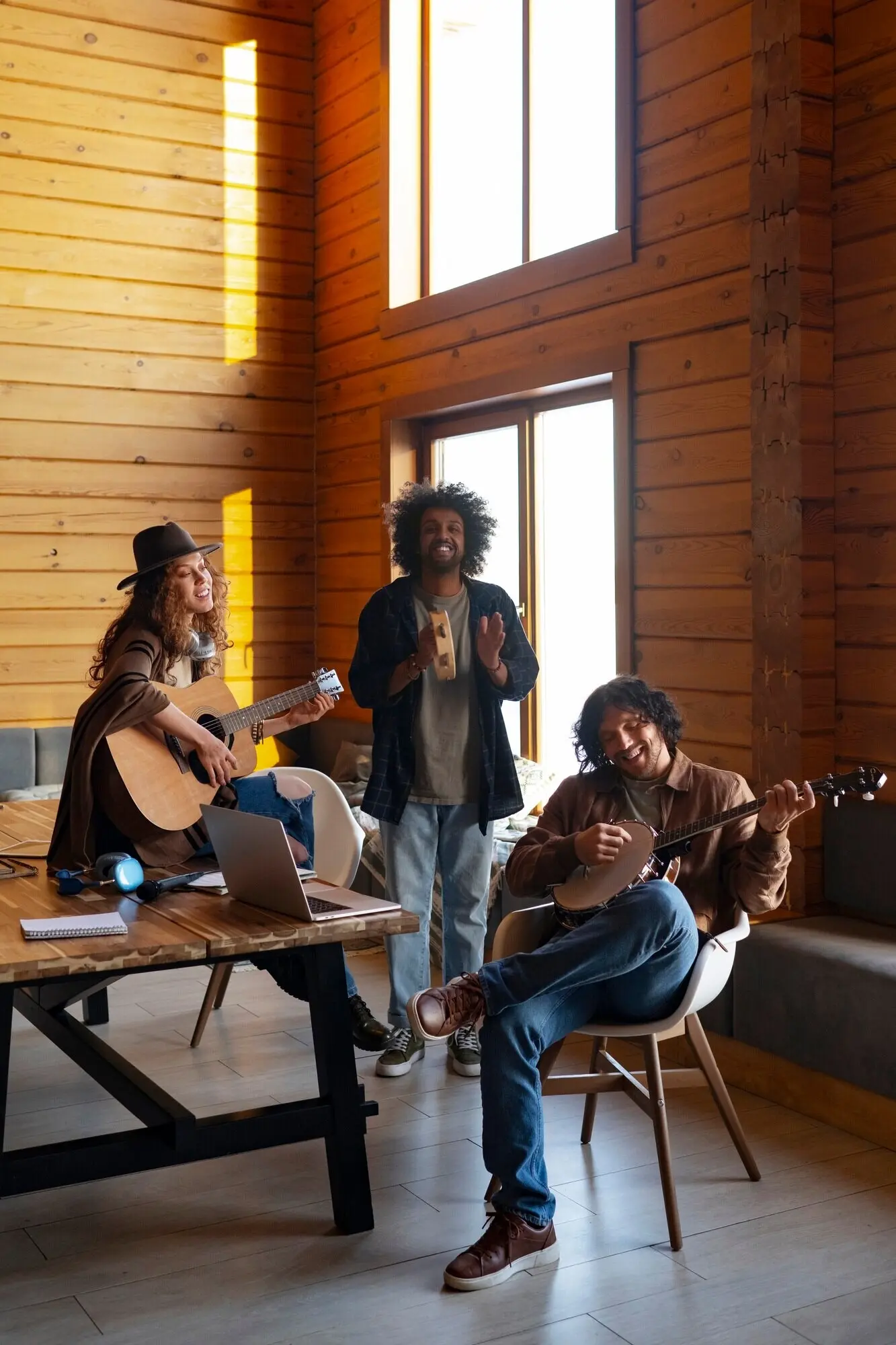 Кантри-музыканты сняты в помещении в полный рост.